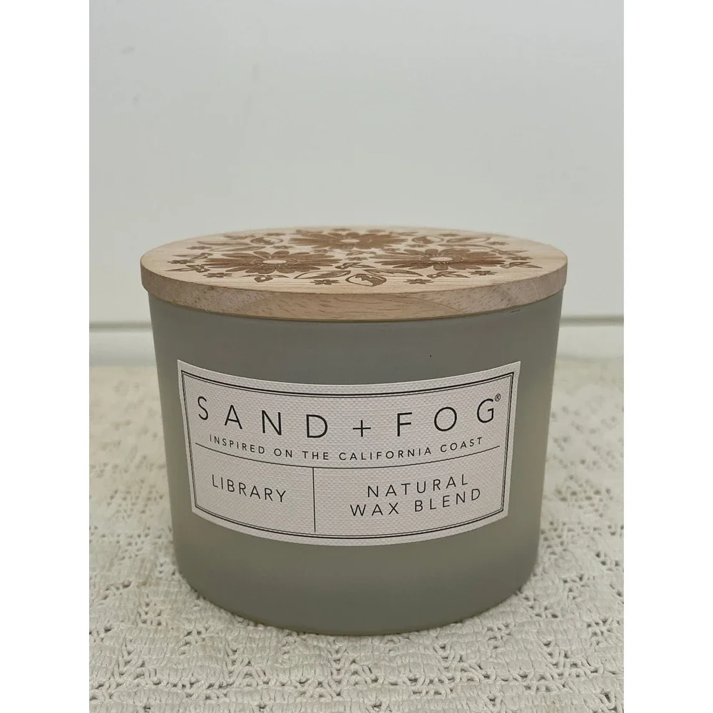 Sand + Fog Library Scented Candle 12oz Natural Wax Blend Wood Lid 2-Wick Frosted